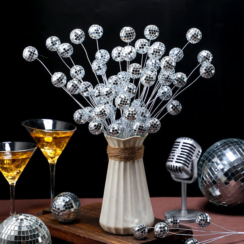 Knitgrip 20 Pcs Disco Balls Party Decorations Disco Ball Ornaments 2026 New Year Eve Party Silver Ornaments Glitter Mini Flower Picks Sticks Bulk 14 Inch Planter Vases Glitter Stems for Crafts - Image 4